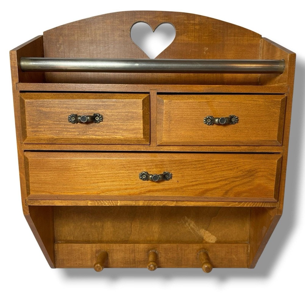 Vintage Solid Wood Heart Cutout Wall Shelf 3 Pegs Handmade Rustic‎ Farm Cottage
